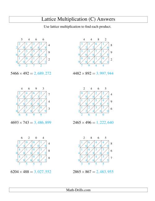 The 4-Digit by 3-Digit Lattice Multiplication (C) Math Worksheet Page 2