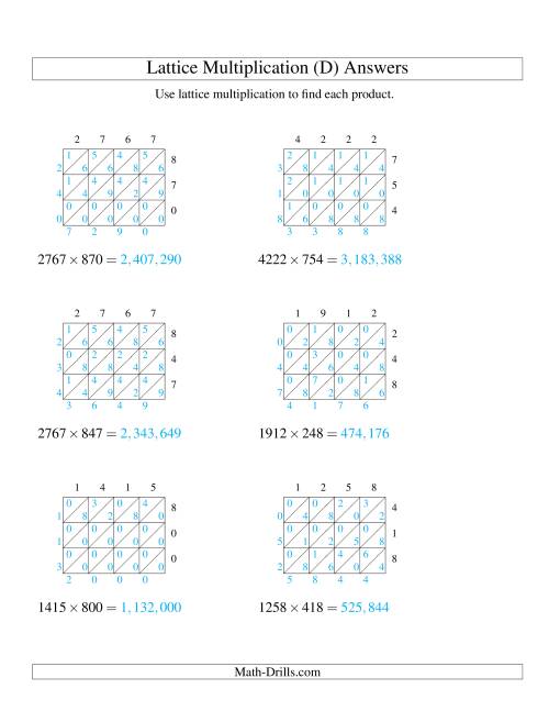 The 4-Digit by 3-Digit Lattice Multiplication (D) Math Worksheet Page 2