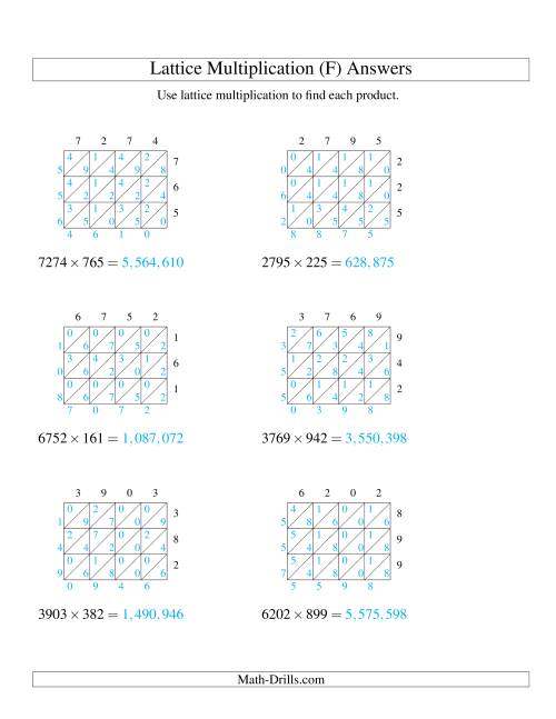 The 4-Digit by 3-Digit Lattice Multiplication (F) Math Worksheet Page 2