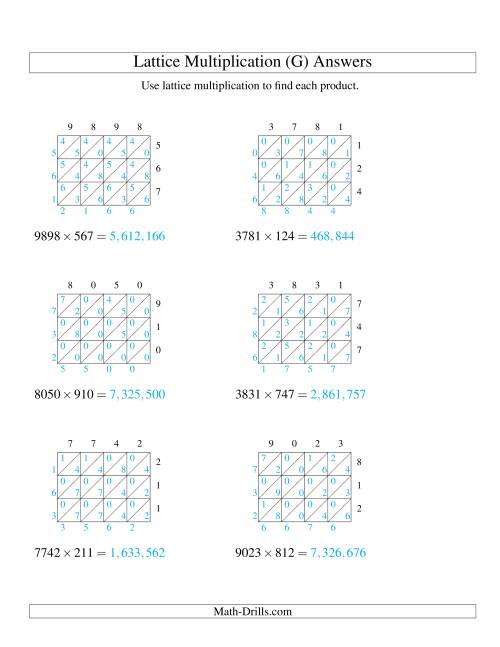 The 4-Digit by 3-Digit Lattice Multiplication (G) Math Worksheet Page 2