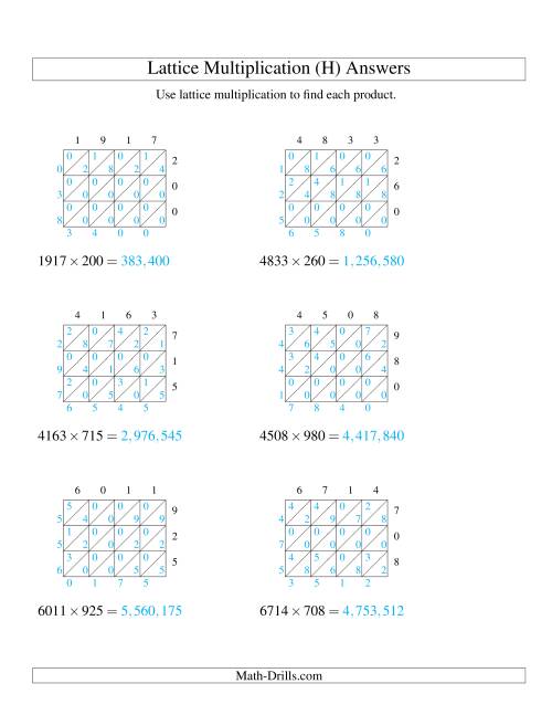 The 4-Digit by 3-Digit Lattice Multiplication (H) Math Worksheet Page 2