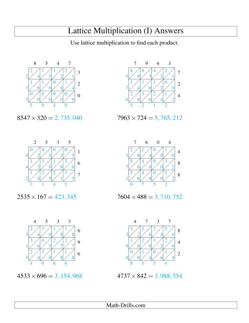 The 4-Digit by 3-Digit Lattice Multiplication (I) Math Worksheet Page 2