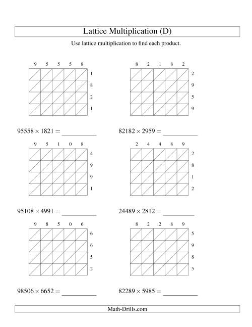 The 5-Digit by 4-Digit Lattice Multiplication (D) Math Worksheet