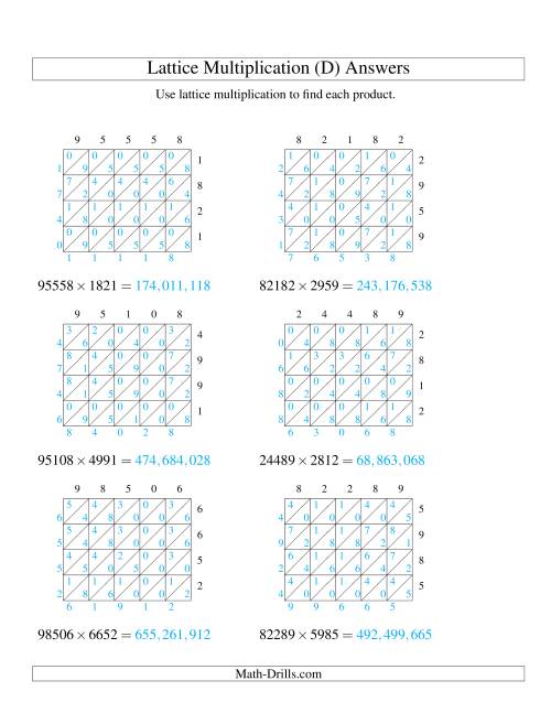 The 5-Digit by 4-Digit Lattice Multiplication (D) Math Worksheet Page 2