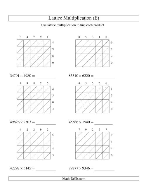 The 5-Digit by 4-Digit Lattice Multiplication (E) Math Worksheet