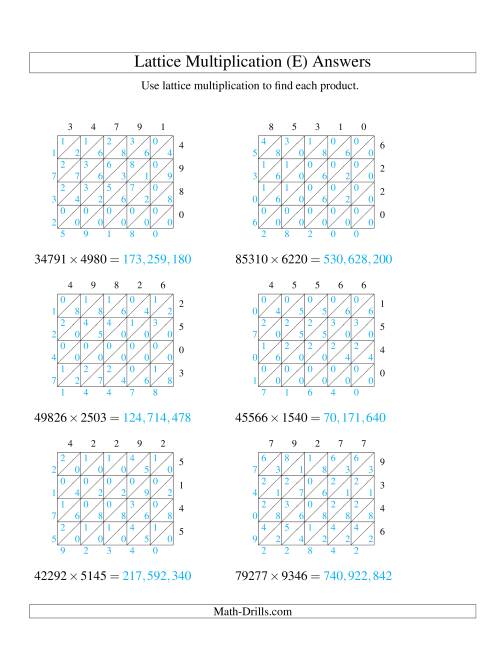 The 5-Digit by 4-Digit Lattice Multiplication (E) Math Worksheet Page 2