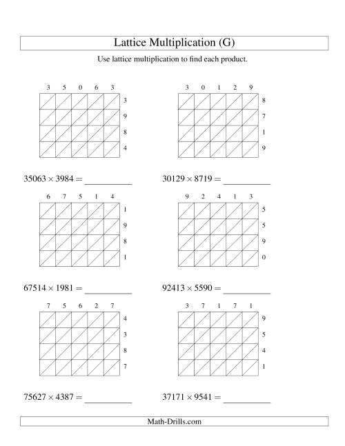 The 5-Digit by 4-Digit Lattice Multiplication (G) Math Worksheet