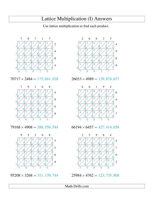 The 5-Digit by 4-Digit Lattice Multiplication (I) Math Worksheet Page 2
