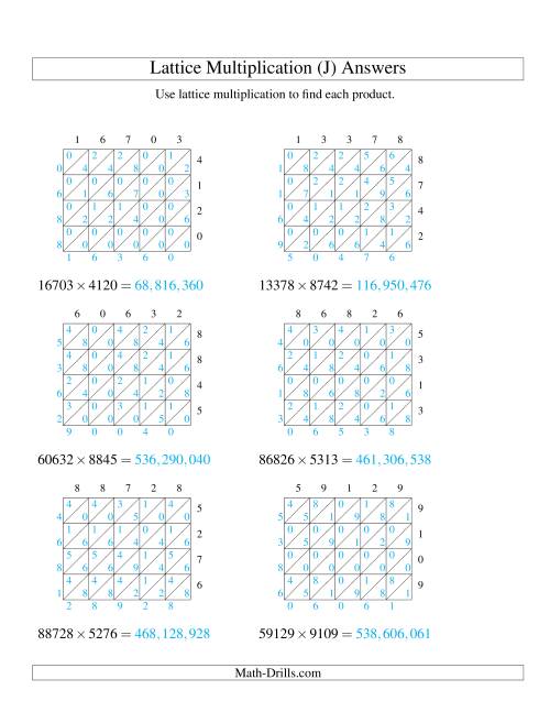 The 5-Digit by 4-Digit Lattice Multiplication (J) Math Worksheet Page 2
