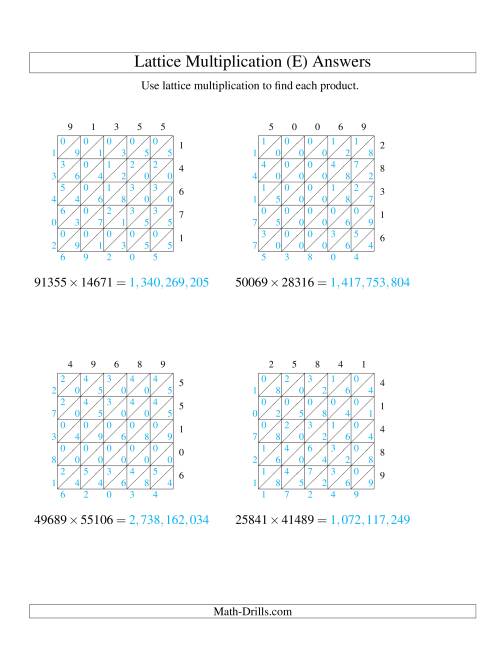 The 5-Digit by 5-Digit Lattice Multiplication (E) Math Worksheet Page 2