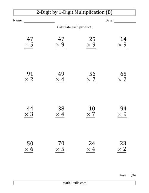 The Multiplying 2-Digit by 1-Digit Numbers (Large Print) (B) Math Worksheet