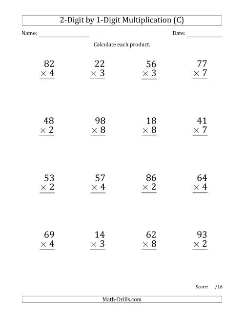 The Multiplying 2-Digit by 1-Digit Numbers (Large Print) (C) Math Worksheet