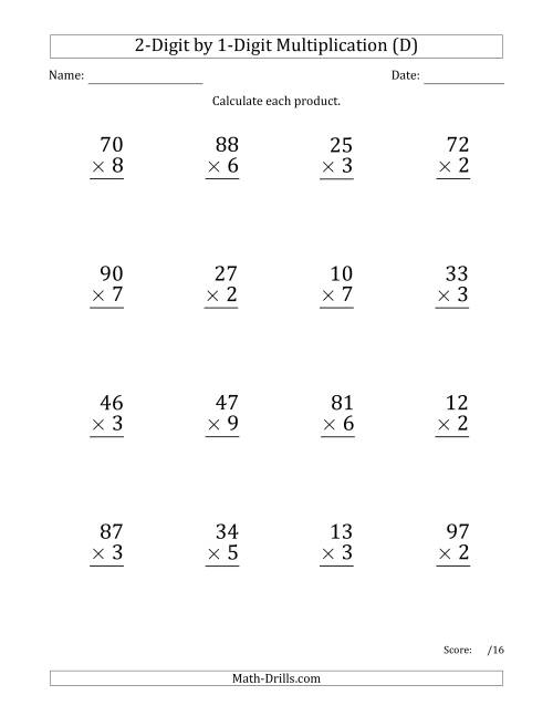 The Multiplying 2-Digit by 1-Digit Numbers (Large Print) (D) Math Worksheet
