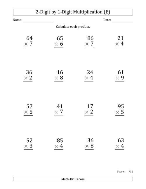 The Multiplying 2-Digit by 1-Digit Numbers (Large Print) (E) Math Worksheet
