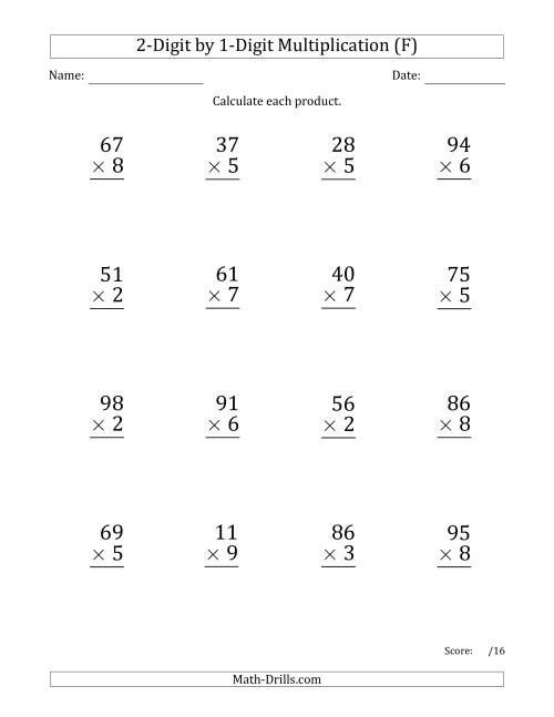 The Multiplying 2-Digit by 1-Digit Numbers (Large Print) (F) Math Worksheet