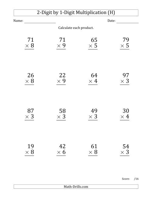 The Multiplying 2-Digit by 1-Digit Numbers (Large Print) (H) Math Worksheet
