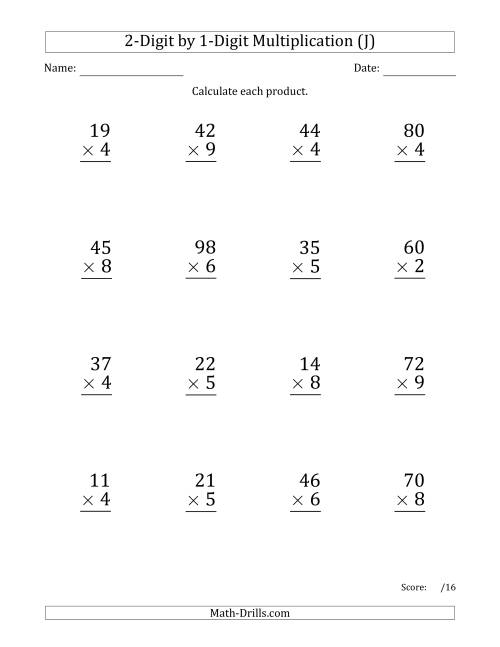 The Multiplying 2-Digit by 1-Digit Numbers (Large Print) (J) Math Worksheet