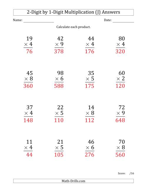 The Multiplying 2-Digit by 1-Digit Numbers (Large Print) (J) Math Worksheet Page 2