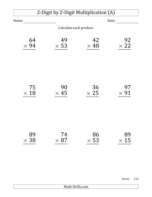 The Multiplying 2-Digit by 2-Digit Numbers (Large Print) (A) Math Worksheet
