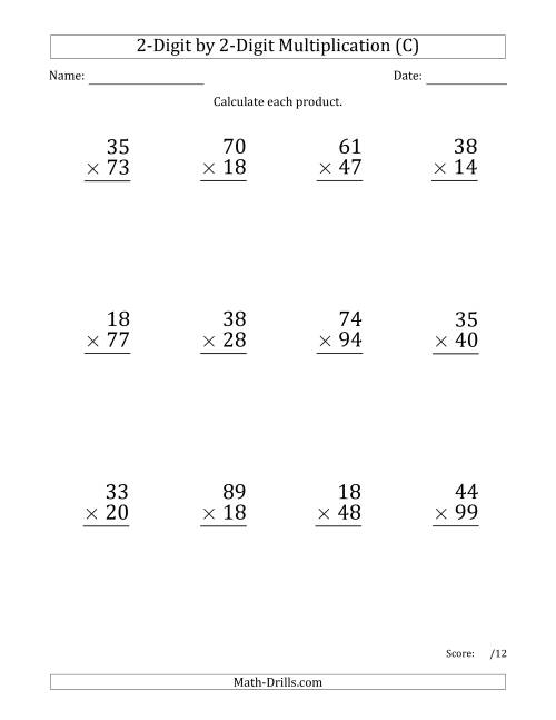 The Multiplying 2-Digit by 2-Digit Numbers (Large Print) (C) Math Worksheet
