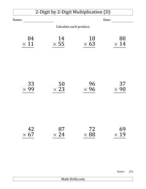 The Multiplying 2-Digit by 2-Digit Numbers (Large Print) (D) Math Worksheet