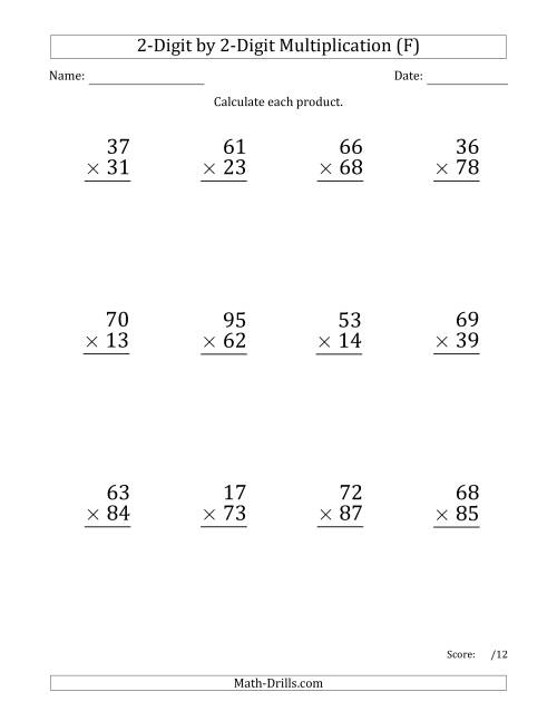 The Multiplying 2-Digit by 2-Digit Numbers (Large Print) (F) Math Worksheet