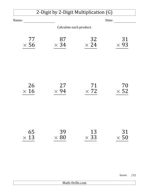 The Multiplying 2-Digit by 2-Digit Numbers (Large Print) (G) Math Worksheet