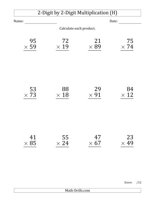 The Multiplying 2-Digit by 2-Digit Numbers (Large Print) (H) Math Worksheet