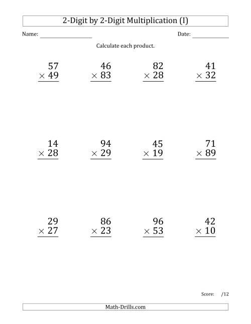 The Multiplying 2-Digit by 2-Digit Numbers (Large Print) (I) Math Worksheet