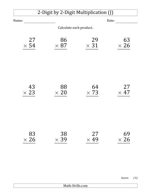 The Multiplying 2-Digit by 2-Digit Numbers (Large Print) (J) Math Worksheet