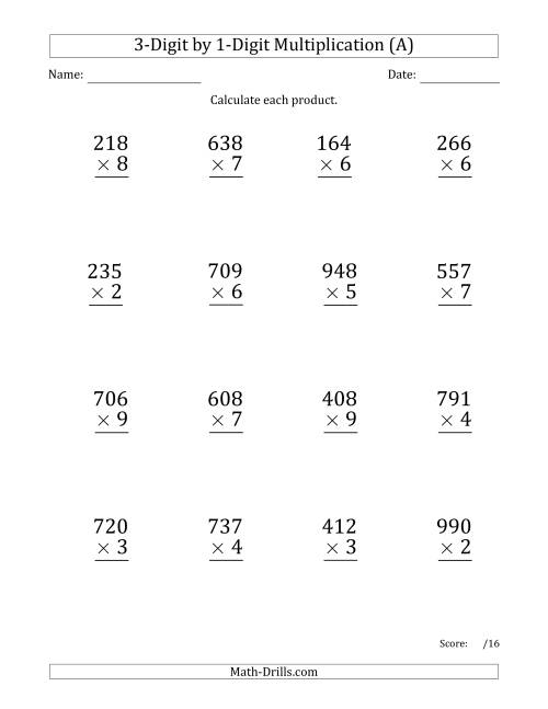 The Multiplying 3-Digit by 1-Digit Numbers (Large Print) (A) Math Worksheet