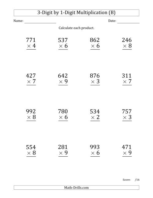 The Multiplying 3-Digit by 1-Digit Numbers (Large Print) (B) Math Worksheet