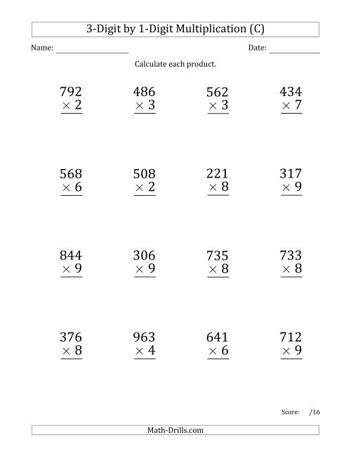 The Multiplying 3-Digit by 1-Digit Numbers (Large Print) (C) Math Worksheet