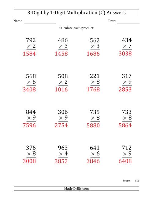The Multiplying 3-Digit by 1-Digit Numbers (Large Print) (C) Math Worksheet Page 2