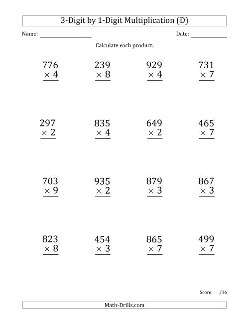 The Multiplying 3-Digit by 1-Digit Numbers (Large Print) (D) Math Worksheet