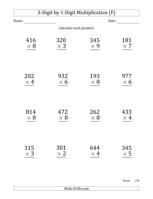 The Multiplying 3-Digit by 1-Digit Numbers (Large Print) (F) Math Worksheet
