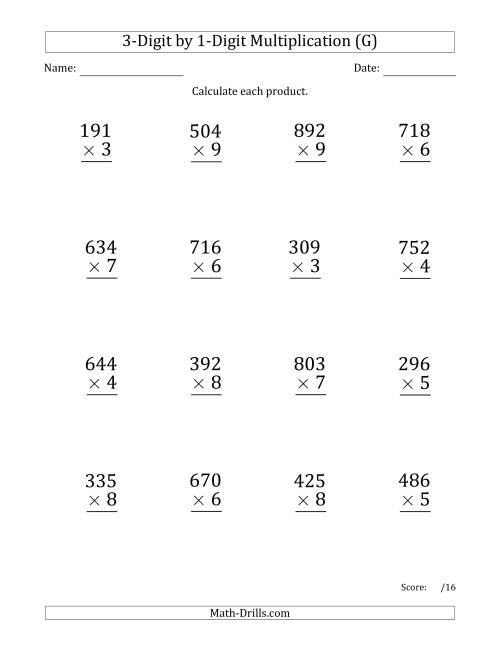 The Multiplying 3-Digit by 1-Digit Numbers (Large Print) (G) Math Worksheet