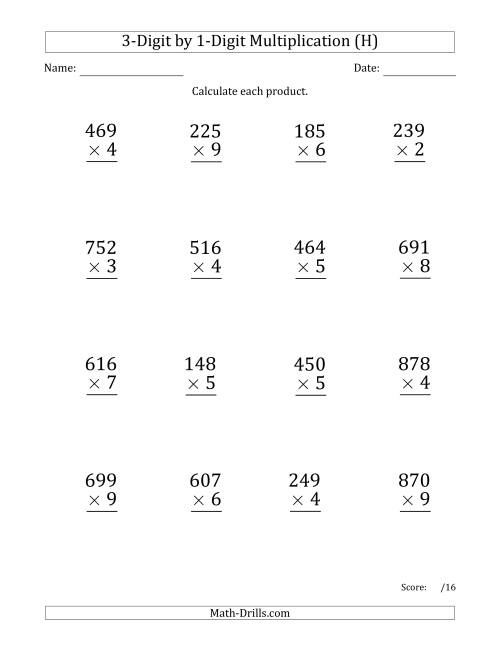 The Multiplying 3-Digit by 1-Digit Numbers (Large Print) (H) Math Worksheet