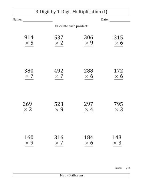 The Multiplying 3-Digit by 1-Digit Numbers (Large Print) (I) Math Worksheet