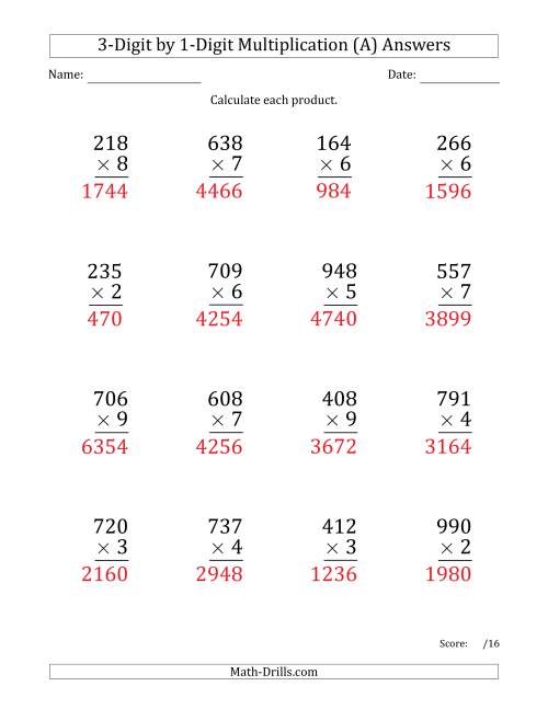 The Multiplying 3-Digit by 1-Digit Numbers (Large Print) (All) Math Worksheet Page 2