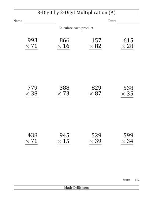 The Multiplying 3-Digit by 2-Digit Numbers (Large Print) (A) Math Worksheet