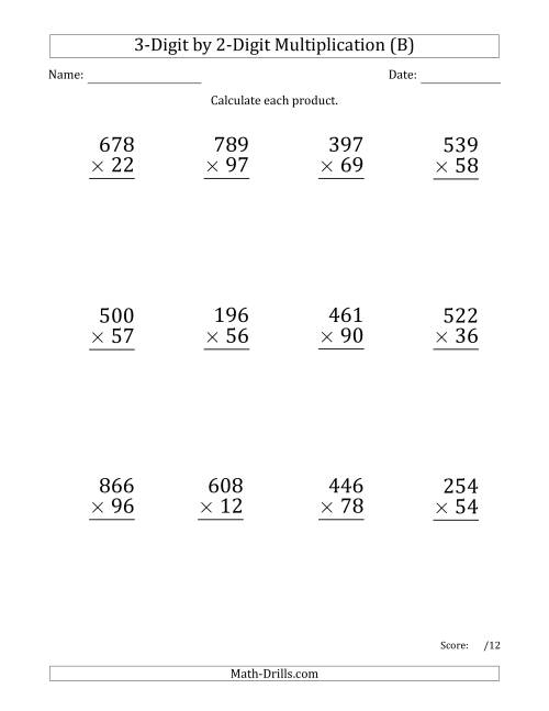 The Multiplying 3-Digit by 2-Digit Numbers (Large Print) (B) Math Worksheet