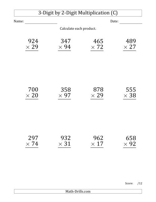 The Multiplying 3-Digit by 2-Digit Numbers (Large Print) (C) Math Worksheet
