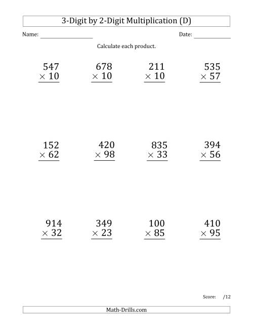 The Multiplying 3-Digit by 2-Digit Numbers (Large Print) (D) Math Worksheet