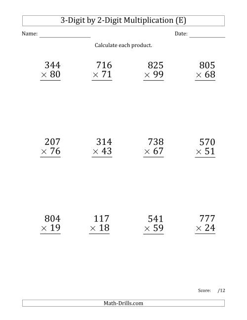 The Multiplying 3-Digit by 2-Digit Numbers (Large Print) (E) Math Worksheet