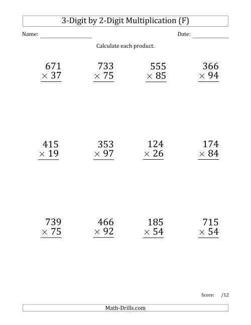 The Multiplying 3-Digit by 2-Digit Numbers (Large Print) (F) Math Worksheet
