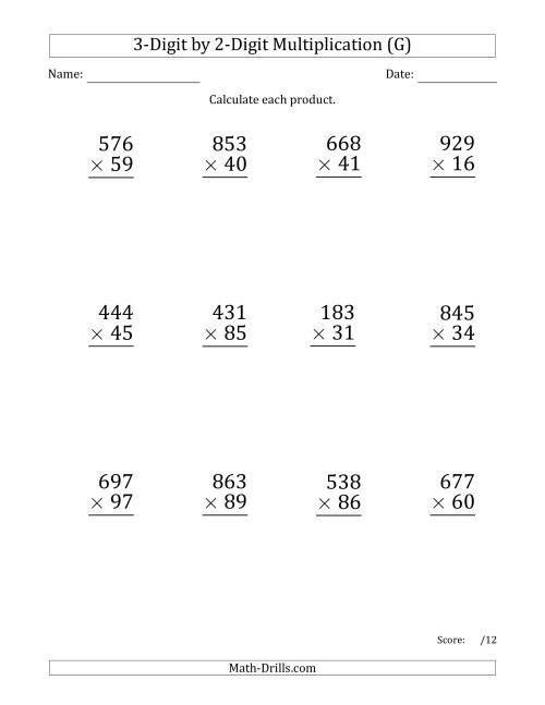 The Multiplying 3-Digit by 2-Digit Numbers (Large Print) (G) Math Worksheet