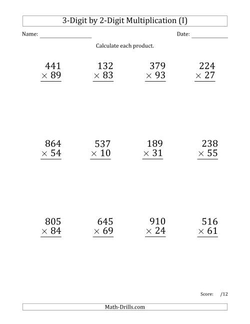 The Multiplying 3-Digit by 2-Digit Numbers (Large Print) (I) Math Worksheet