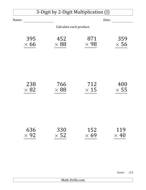 The Multiplying 3-Digit by 2-Digit Numbers (Large Print) (J) Math Worksheet