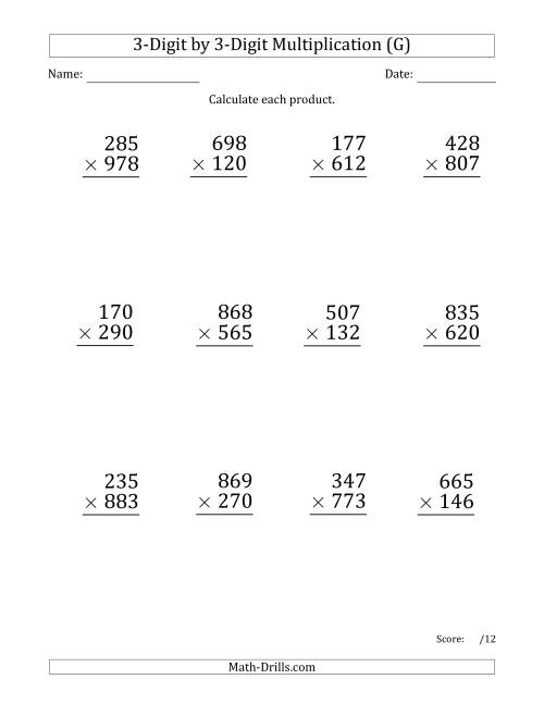 The Multiplying 3-Digit by 3-Digit Numbers (Large Print) (G) Math Worksheet
